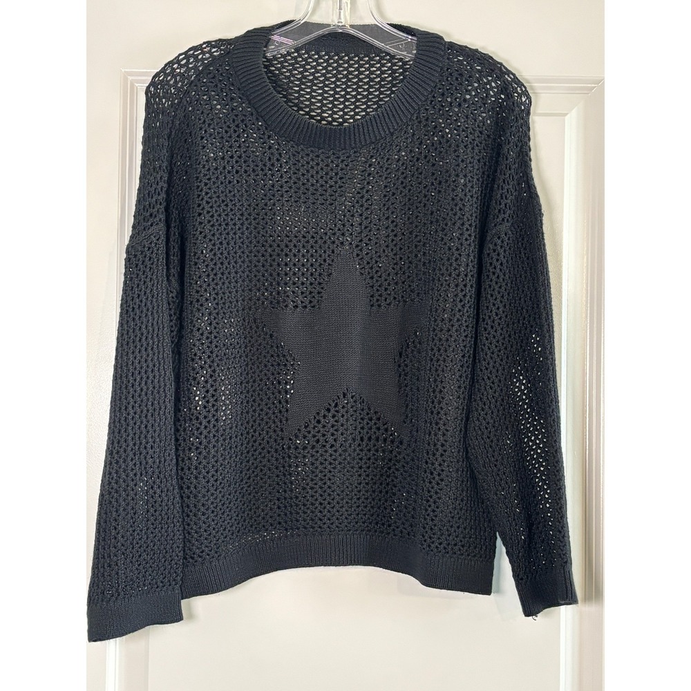 Womens Star Stitch Sweater Black Open Knit Drop Shoulder Crew‎ Neck Ribbed Trim